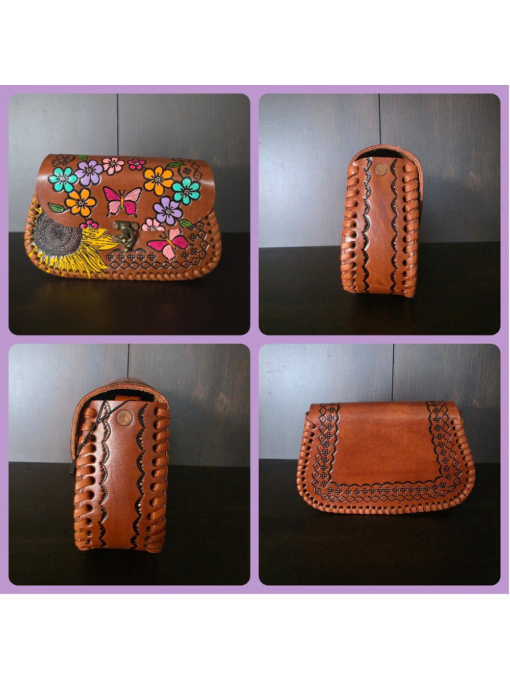 Butterfly Sunflower Brown Embossed Tooled Artisan LEATHER Crossbody Purse Bag - Picture 15 of 16